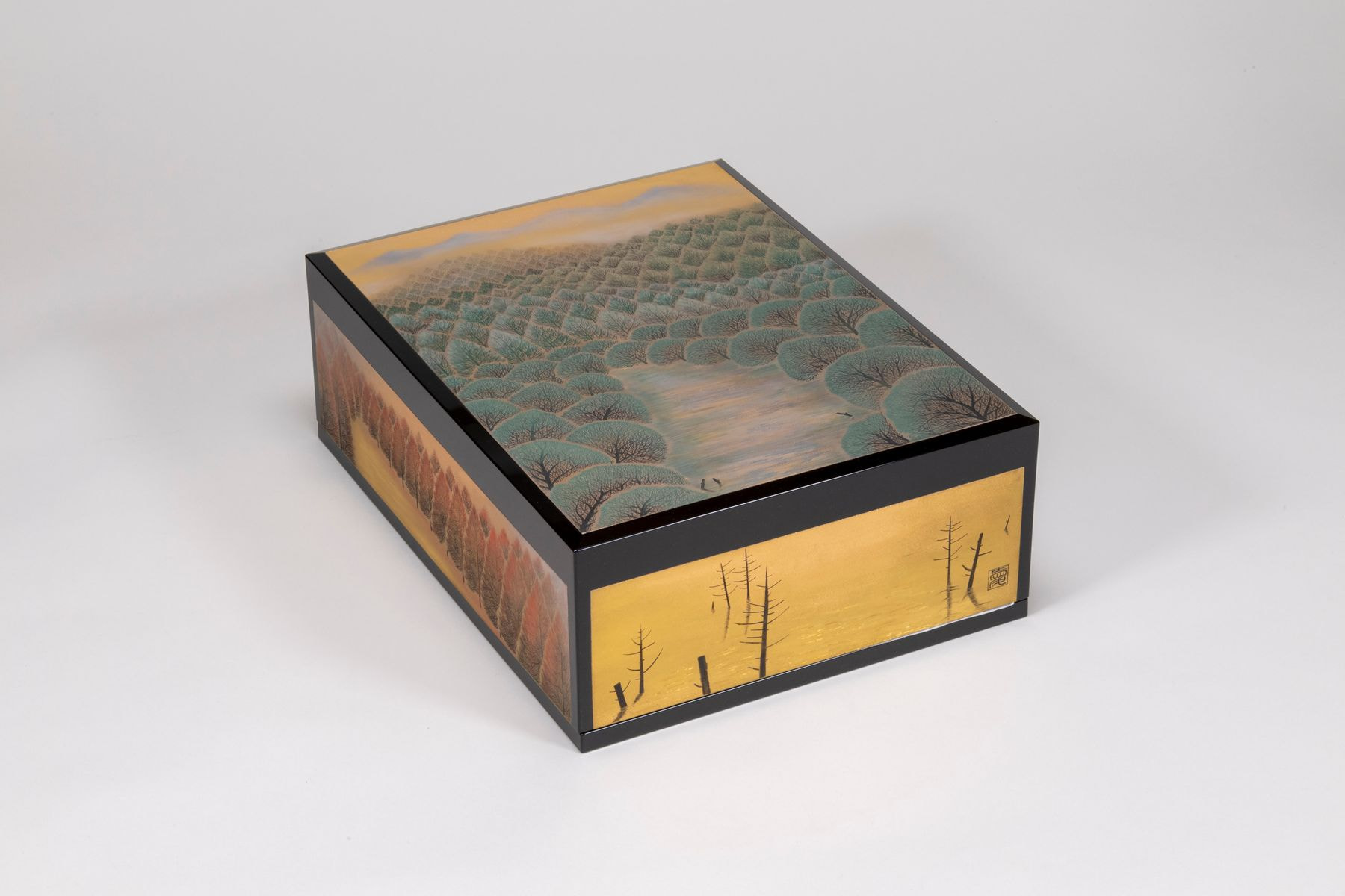 伏漆彩沈金技法文箱　「希訪」（ふししっさいちんきんぎほうふばこ　きほう）