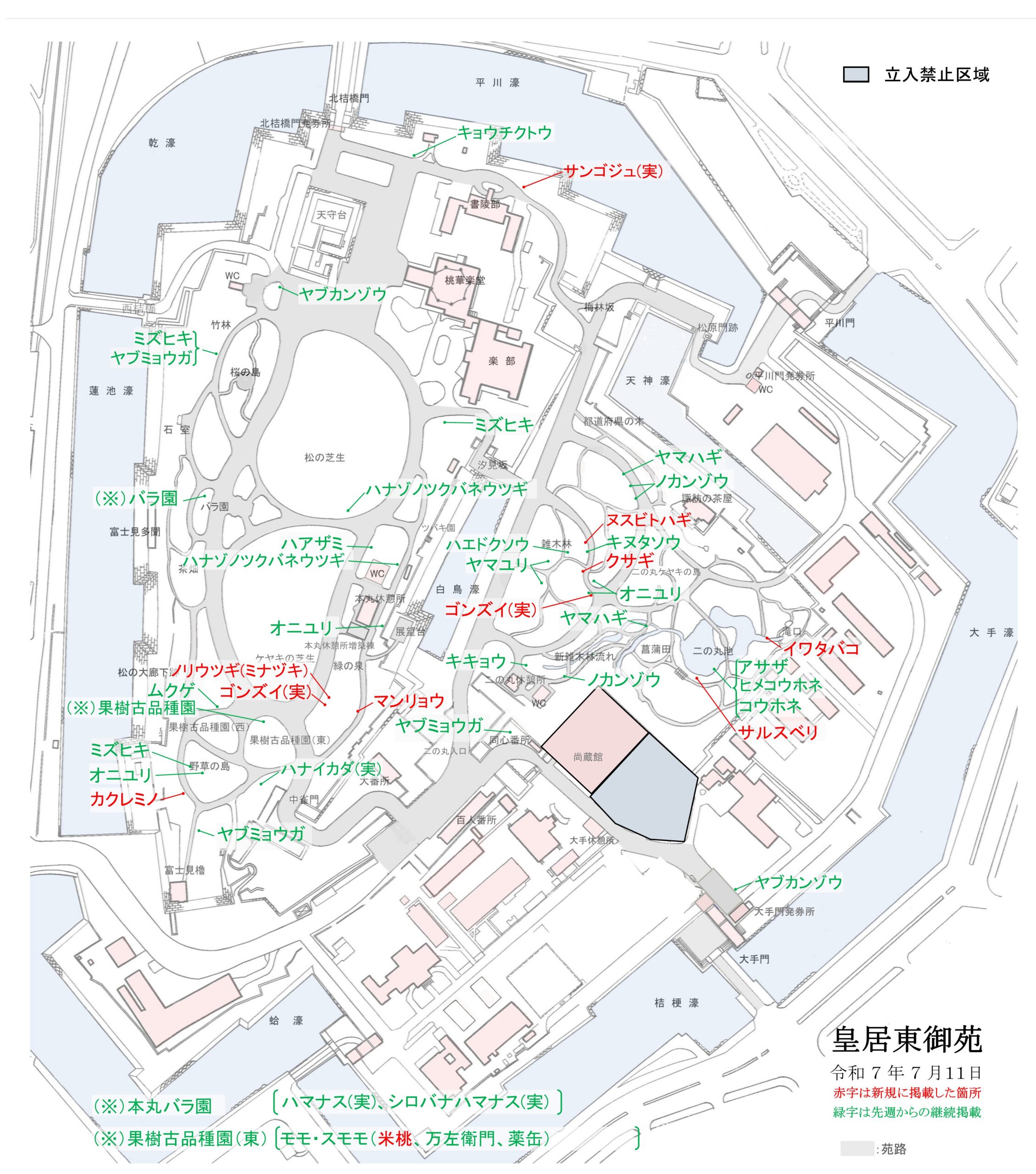 令和7年7月11日皇居東御苑開花地図