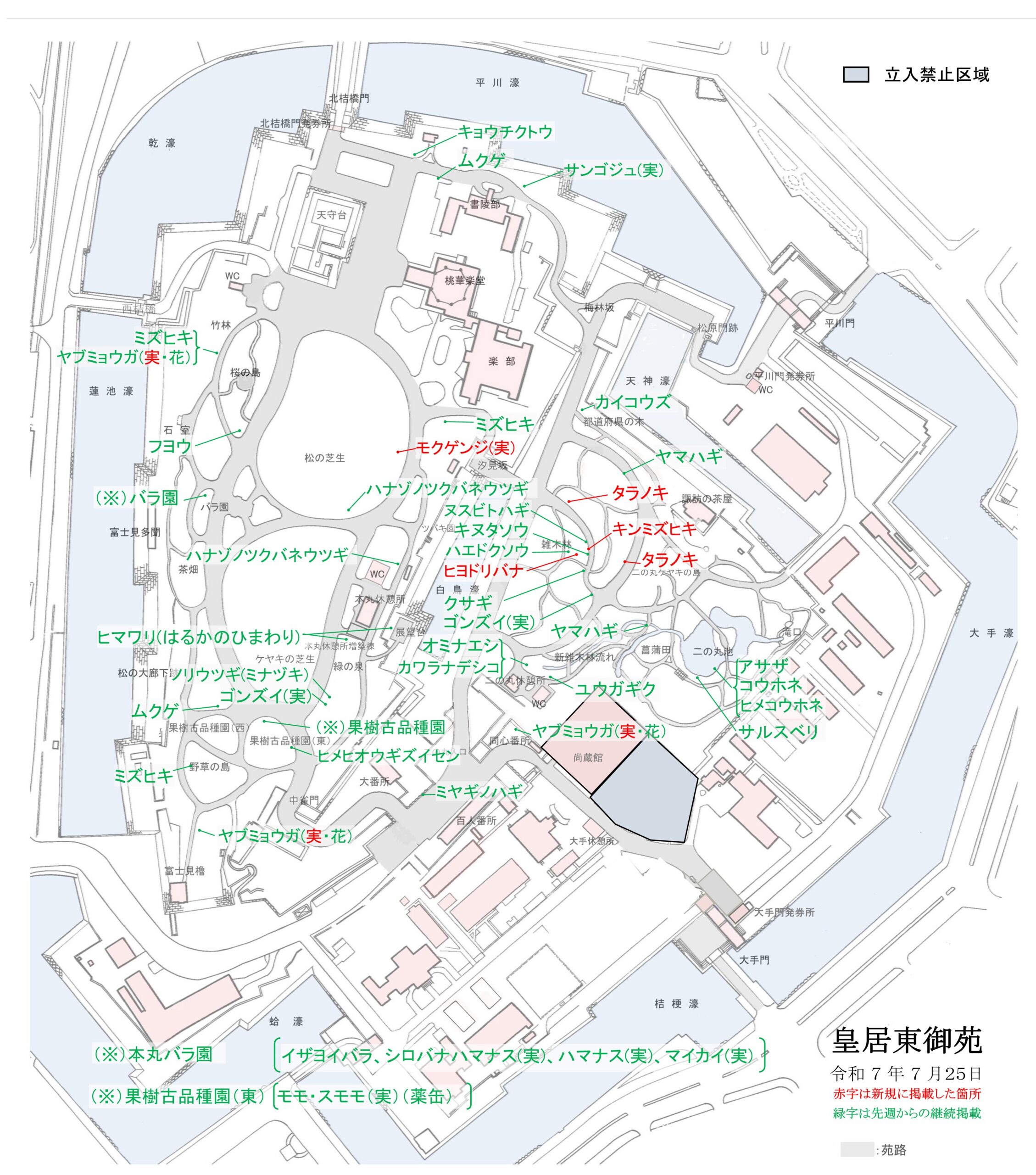 令和7年7月25日皇居東御苑開花地図